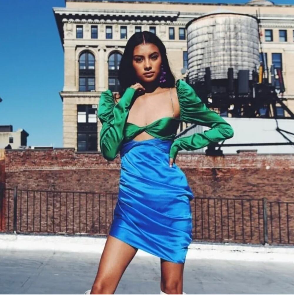 THE BAR Silk Twist Dress Colorblock Emerald Green Cobalt Blue Sz 4 {WW6}